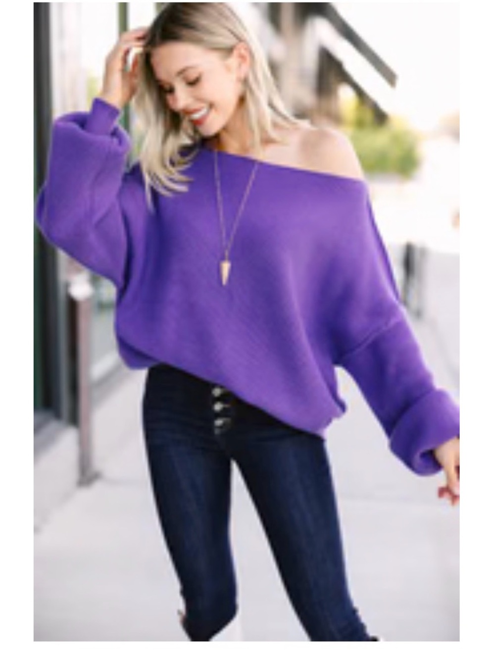 Off-the-Shoulder Purple Women's Sweater with Balloon Sleeves